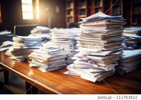 illustration pile of papers sheet on a desk in an office.ai generated 111763622