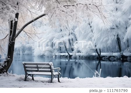 Bench in the city snow covered winter park with...のイラスト素材 [111763790 ...