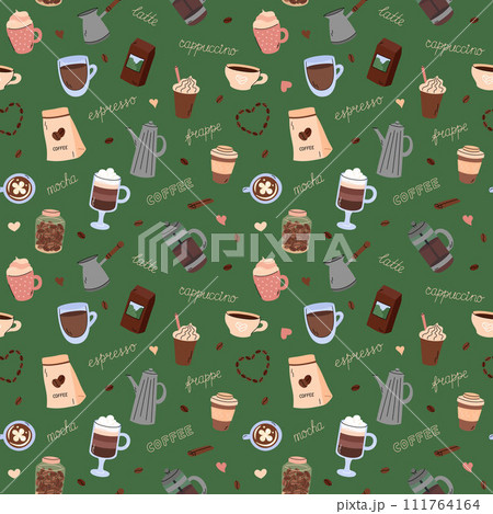 Coffee seamless pattern vector. Cute green background with coffee doodles elements in simple hand drawn illustrated style. Different beverages, preparing tools. Cappuccino, espresso, frappe and mocha 111764164