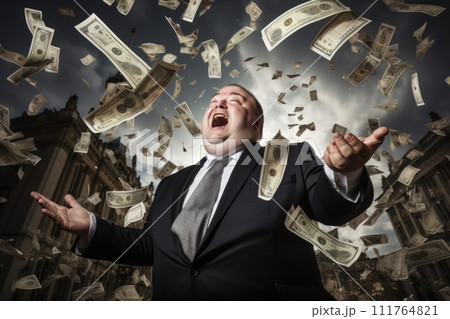 man billionaire dollar money fly on air . Illustration epic money moment. Generative AI. 111764821