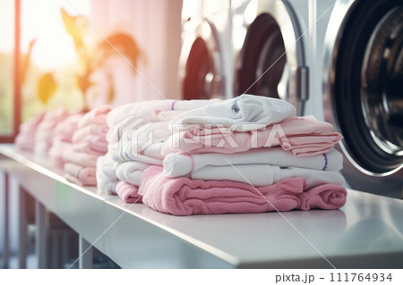 Row of washing machine of laundry business in the public store. Generative AI 111764934