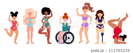 Body positive concept. Women of different ages, skin colors, ethnic groups, body types. Disability, vitiligo, prosthesis. Girls in swimsuits standing together. Cartoon flat vector illustration. 111765239
