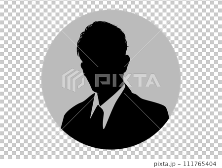 丸い枠のスーツ姿のビジネスマン男性の顔正面のシルエット 丸い枠のスーツ姿のビジネスマン男性の顔正面のシルエット 111765404