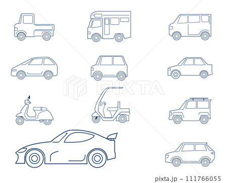 シンプルなデフォルメされた可愛い自動車のイラストセット、アイコン、ピクトグラム 111766055