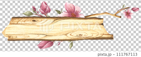 Wooden slice with floral decoration. Watercolor illustration. 111767113