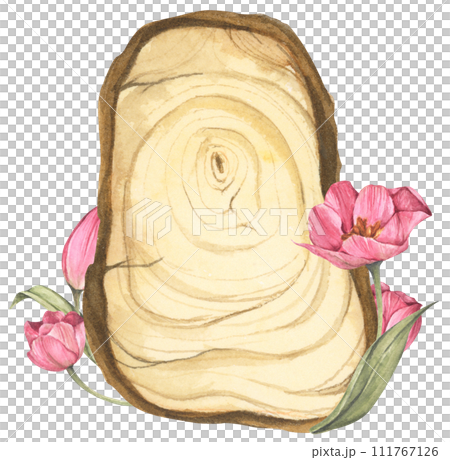Wooden slice with floral decoration. Watercolor illustration. 111767126