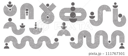 Geometric lines zen patterns. Abstract black arches and shapes. Balance figures with linear outline strokes design. Nordic boho minimal organic drawings and aesthetic retro prints. Geometric lines zen patterns. Abstract black arches and shapes. Balance figures with linear outline strokes design. Nordic boho minimal organic drawings and aesthetic retro prints. 111767301
