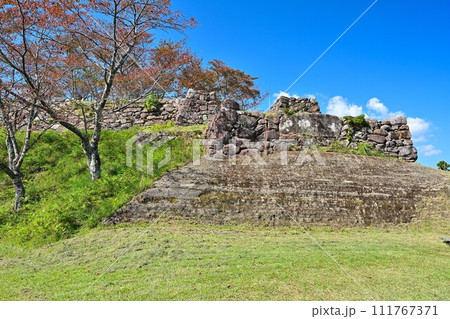 伊勢国「赤木城跡」(赤木城公園)の石垣と曲輪の様子 三重県熊野市 伊勢国「赤木城跡」(赤木城公園)の石垣と曲輪の様子 三重県熊野市 111767371