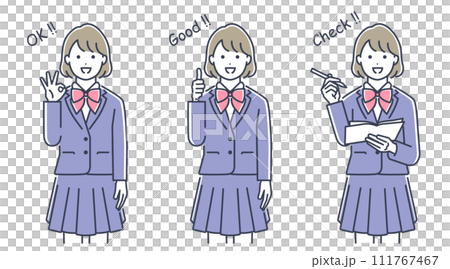 Reactions of female students wearing uniforms. Vector illustration material set 111767467