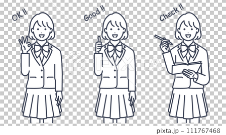 Reactions of female students wearing uniforms. Vector illustration material set 111767468