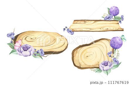 Wooden slice with floral decoration. Watercolor illustration. Wooden slice with floral decoration. Watercolor illustration. 111767619