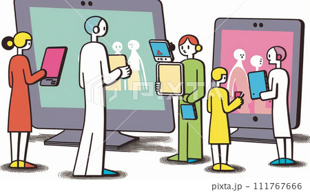 コンピューターと人間の交流：人がデバイスを操作する、情報交換の様子。漫画風。