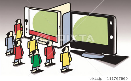 コンピューターと人間の交流：人がデバイスを操作する、情報交換の様子。漫画風。
