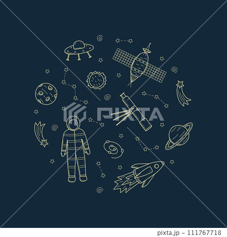 Cosmos doodle is a set of vector illustrations in the circle. Icons of space elements rocket cosmonaut stars satellite telescope comet. 111767718