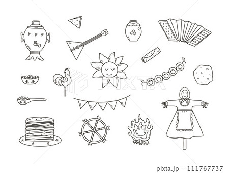 A set of doodle elements of pancake day. Vector illustration of icons of the traditional Russian holiday Maslenitsa. Sun, scarecrow, accordion balalaika, samovar, 111767737