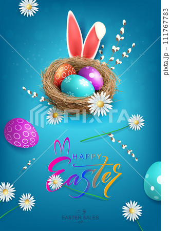 Easter blue composition, a wonderful nest with eggs and bunny ears and daisies 111767783