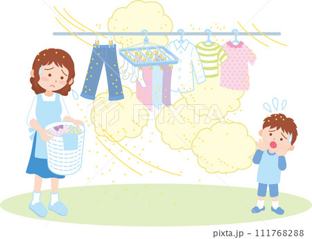 杉花粉_洗濯物を干しながら埃に困る親子 杉花粉_洗濯物を干しながら埃に困る親子 111768288