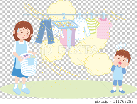 杉花粉_洗濯物を干しながら埃に困る親子 杉花粉_洗濯物を干しながら埃に困る親子 111768288