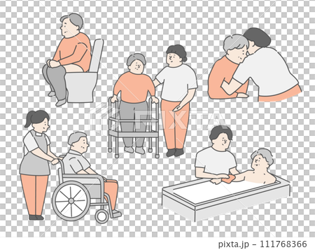 Nursing facility nursing care site illustration set (bathing, transfer, excretion) Nursing facility nursing care site illustration set (bathing, transfer, excretion) 111768366