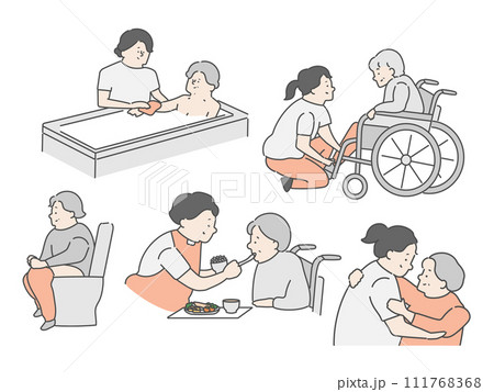 介護施設 介護現場 イラストセット(入浴 食事 排泄) 介護施設 介護現場 イラストセット(入浴 食事 排泄) 111768368