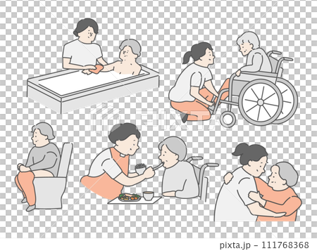 介護施設 介護現場 イラストセット(入浴 食事 排泄) 介護施設 介護現場 イラストセット(入浴 食事 排泄) 111768368