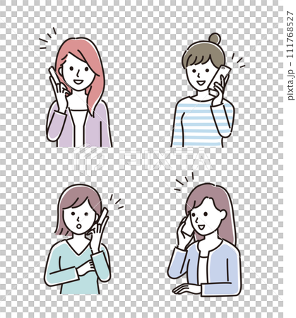 スマートフォンで通話する女性のイラストセット スマートフォンで通話する女性のイラストセット 111768527