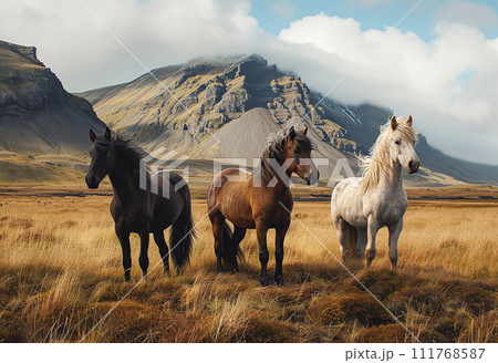 AI-generated content. Three horses of local breed are standing on rocky trail in the mountains AI generated AI-generated content. Three horses of local breed are standing on rocky trail in the mountains AI generated 111768587