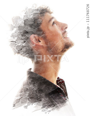 A man's profile looking up in double exposure paintography A man's profile looking up in double exposure paintography 111768726