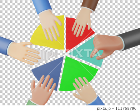 3D illustration of hands sharing a pie chart 3D illustration of hands sharing a pie chart 111768796