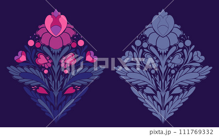 Vector set of floral cliparts. Collection of decorative folk art illustrations symmetrical flowers, hearts and foliage 111769332
