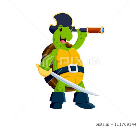 Cartoon turtle pirate animal character wearing tricorn captain hat, looking through a spyglass, clutching trusty cutlass. Isolated vector cute and funny reptile tortoise filibuster searching treasures Cartoon turtle pirate animal character wearing tricorn captain hat, looking through a spyglass, clutching trusty cutlass. Isolated vector cute and funny reptile tortoise filibuster searching treasures 111769344