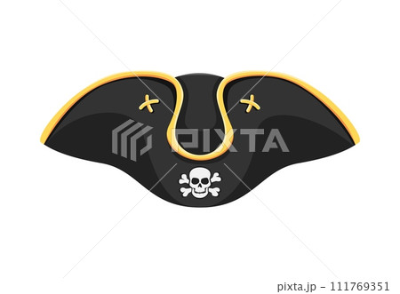 Cartoon pirate captain tricorn hat, adorned with Jolly Roger skull and crossbones. Isolated vector buccaneer cocked cap with curved brim, accentuating the rover swashbuckling charm on the high seas Cartoon pirate captain tricorn hat, adorned with Jolly Roger skull and crossbones. Isolated vector buccaneer cocked cap with curved brim, accentuating the rover swashbuckling charm on the high seas 111769351