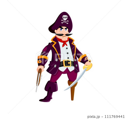 Cartoon sea pirate sailor or corsair character. Vector swashbuckling personage with mischievous grin and wooden leg, wielding a sharp sword and a trusty flintlock, seeking adventure on the high seas 111769441