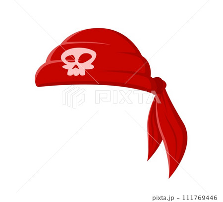 Cartoon sea pirate bandana, red corsair textile headwear with skull emblem. Isolated vector sailor head scarf, vintage rover handkerchief, filibuster costume signifies swashbuckling buccaneer spirit 111769446