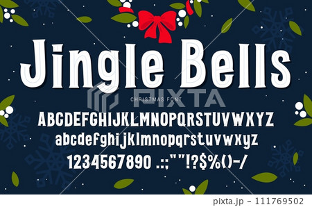 Christmas font, xmas type. Holiday typeface, new year english alphabet. Vector uppercase typography letters, symbols and signs in decorative festive winter style. Cartoon vintage typeset characters Christmas font, xmas type. Holiday typeface, new year english alphabet. Vector uppercase typography letters, symbols and signs in decorative festive winter style. Cartoon vintage typeset characters 111769502