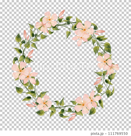 Oleander flowers and tropical vines round wreath watercolor floral illustration isolated on white background. Botanical summer drawing for logo design, cards and stickers 111769550