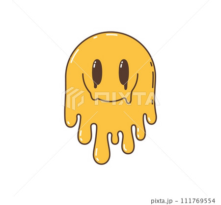 Cartoon retro groovy hippie melt smile character. Isolated vector yellow vintage dripping face emoji, melting psychedelic facial expression. Weird, trippy face, positive, surreal acid, lsd funky vibe Cartoon retro groovy hippie melt smile character. Isolated vector yellow vintage dripping face emoji, melting psychedelic facial expression. Weird, trippy face, positive, surreal acid, lsd funky vibe 111769554