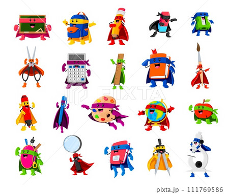 Cartoon school supply superhero and defender characters. Isolated vector blackboard, backpack, pencil and eraser. Sharpener, scissors, calculator and ruler with textbook. Paintbrush, loupe and compass Cartoon school supply superhero and defender characters. Isolated vector blackboard, backpack, pencil and eraser. Sharpener, scissors, calculator and ruler with textbook. Paintbrush, loupe and compass 111769586