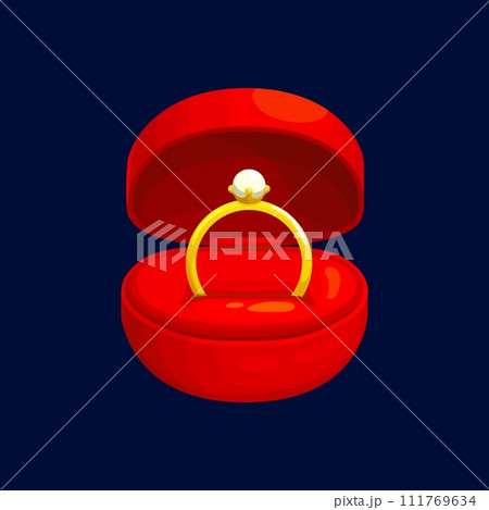 Cartoon wedding ring in gift box, vector jewelry, marriage and engagement ceremony present. Gold ring with diamond laying on pillow in red case. Bride wedding band with precious stone, Valentines gift Cartoon wedding ring in gift box, vector jewelry, marriage and engagement ceremony present. Gold ring with diamond laying on pillow in red case. Bride wedding band with precious stone, Valentines gift 111769634