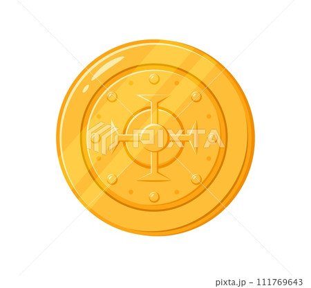 Cartoon golden coin. Isolated vector ancient pirate doubloon. Shiny yellow ducat with intricate engravings. Fantasy treasure, fairy tale item, game asset, small, round piece of metal, made from gold 111769643