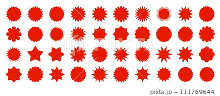 Red straburst sale price labels, stickers and seals. Isolated vector set of rosettes and sunbursts, callout or splash, stamps, tags and badges. Circular patches with jagged edges for promo advertising 111769644