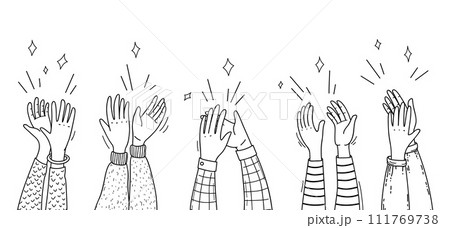 Doodle applause hands of people clapping or cheer up applauding audience, line vector. Congratulation, support and bravo greeting applause hands of applauding people in outline doodle silhouettes Doodle applause hands of people clapping or cheer up applauding audience, line vector. Congratulation, support and bravo greeting applause hands of applauding people in outline doodle silhouettes 111769738