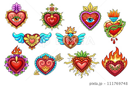 Mexican sacred heart tattoos with burning fire flame and wings, vector symbols. Sacred heart or Corazon Milagro with arrow or thorn and blood drop or Christian cross and eye for Mexican art tattoo Mexican sacred heart tattoos with burning fire flame and wings, vector symbols. Sacred heart or Corazon Milagro with arrow or thorn and blood drop or Christian cross and eye for Mexican art tattoo 111769748