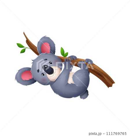 Happy koala bear cartoon character hanging on tree. Australia jungle bear comical personage, zoo animal cute mascot or koala childish isolated vector character climbing on tree Happy koala bear cartoon character hanging on tree. Australia jungle bear comical personage, zoo animal cute mascot or koala childish isolated vector character climbing on tree 111769765