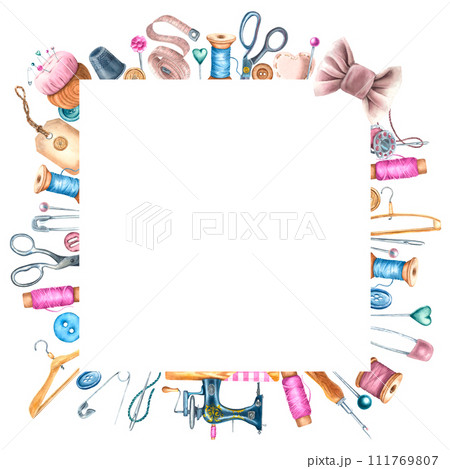 Square frame with scissors, buttons, sewing machine. Hand drawn watercolor illustration of colorful craft supplies on a white isolated background. Drawing of a template card with empty space for text 111769807