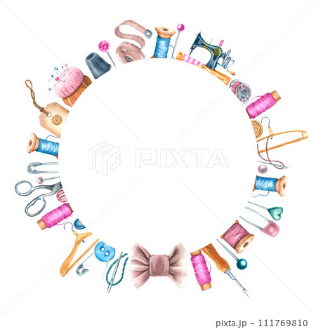 Sewing wreath with sewing machine, thread and vintage scissors. Hand drawn watercolor illustration Frame with tailor supplies on white isolated background. Drawing of handicraft accessories for icon 111769810