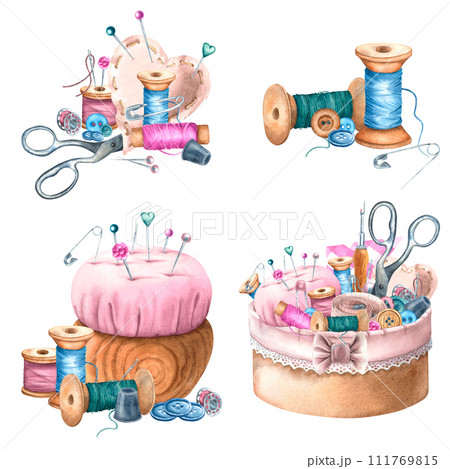 A set of items for sewing and handicrafts. Threads, box with bow, buttons, pincushion, seam ripper, needles and pins. Hand drawn watercolor illustration isolated on background. For workshop design 111769815