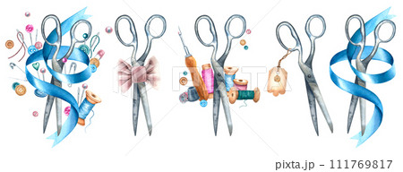 Set of tailor's scissors with ribbon, buttons, bow, craft paper label, seam ripper, needles and pins. Hand drawn watercolor illustration isolated on background. Working tools of a tailor for design Set of tailor's scissors with ribbon, buttons, bow, craft paper label, seam ripper, needles and pins. Hand drawn watercolor illustration isolated on background. Working tools of a tailor for design 111769817