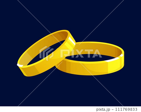 Cartoon wedding rings or engagement bands, vector jewelry for bride and groom marriage ceremony. Isolated plain gold rings laying on each other, wedding anniversary gift, jewellery for Valentines Day 111769833