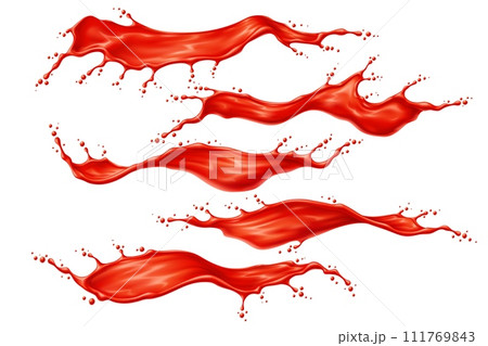 Red tomato juice or ketchup sauce wave splashes with drops splatter, realistic vector. Red paint or tomato juice spill flow with explosion splash with drops of sweet berry jam, fruit syrup or blood 111769843